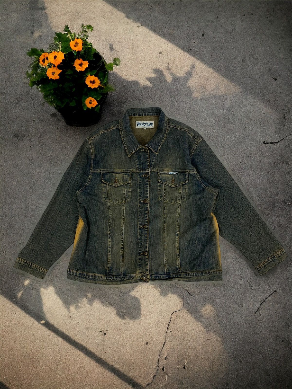 image of Distressed Washed Denim Jacket Benzine Vintage in Vintage Washed Denim, Men's (Size XL)