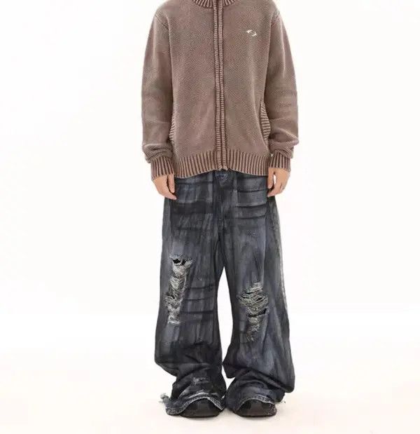 Vintage VIBE Vintage washed corrugated ripped wide-leg jeans Size US 34 / EU 50 - 4 Thumbnail