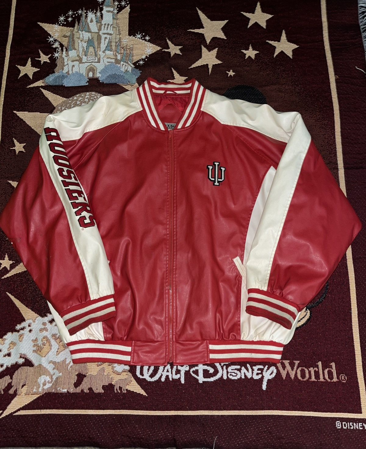 Image of Steve And Barrys x Vintage 90's Indiana University Hoosiers Faux Leather Jacket in Red (Size 2XL)