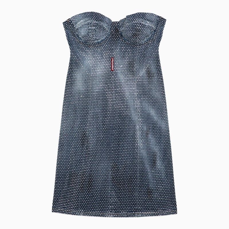 image of Dsquared2 Washed Denim Mini Dress With Crystals in Blue, Women's (Size Medium)