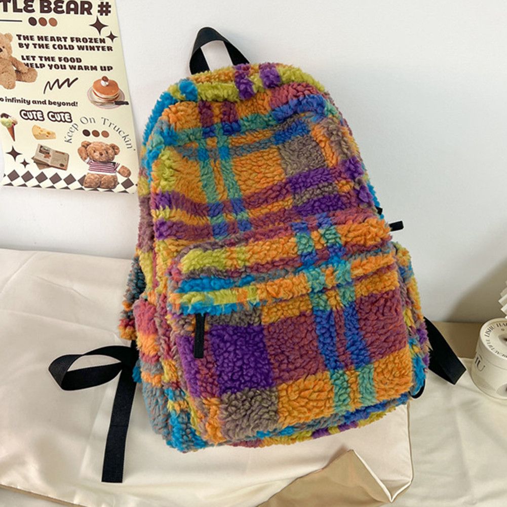 Japanese Brand Fashionable Multicolor Plaid Plush Backpack Size ONE SIZE - 2 Thumbnail