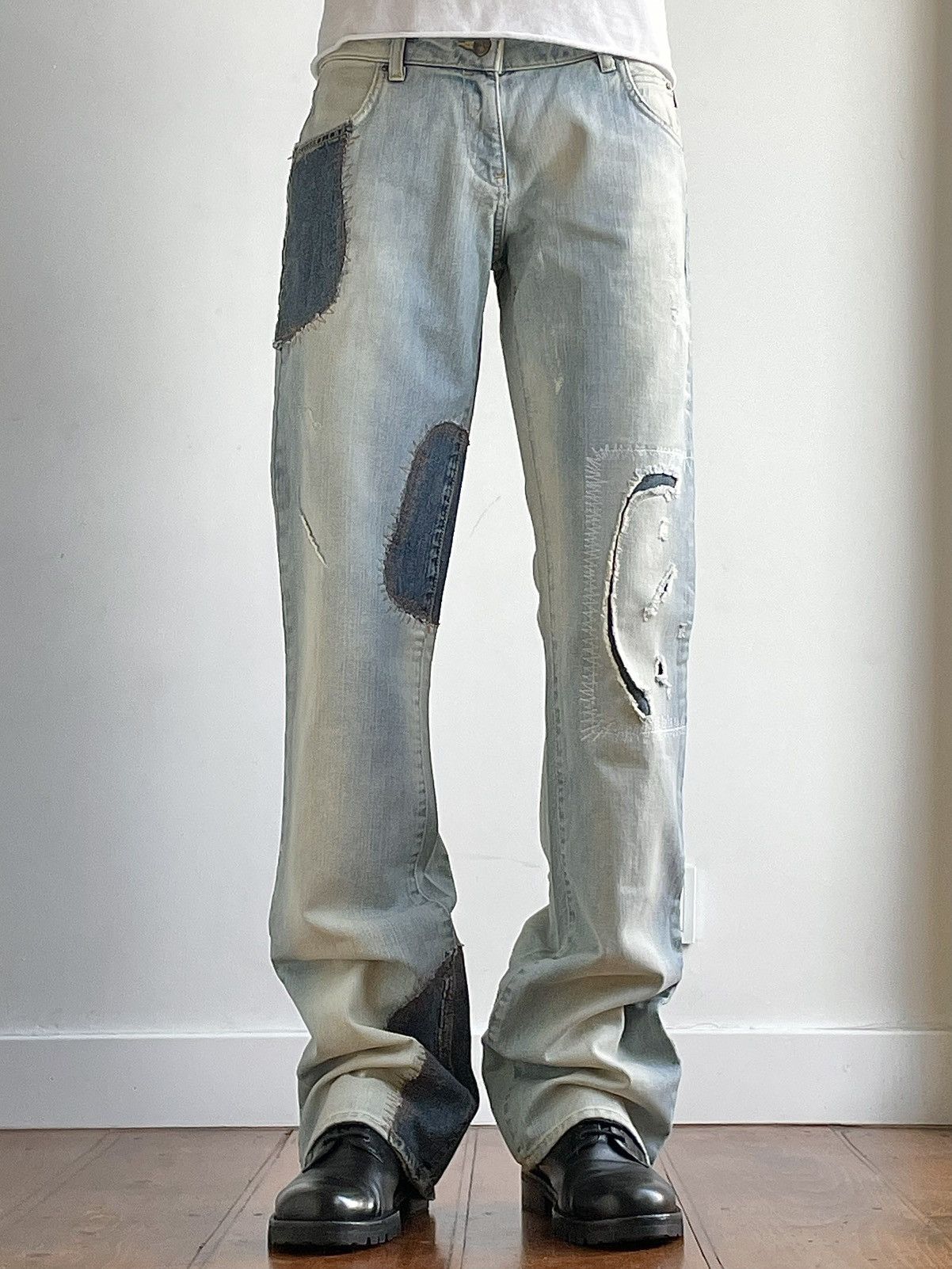 image of Just Cavalli Ss05 Distressed Patchwork Flared Jeans in Blue, Men's (Size 29)