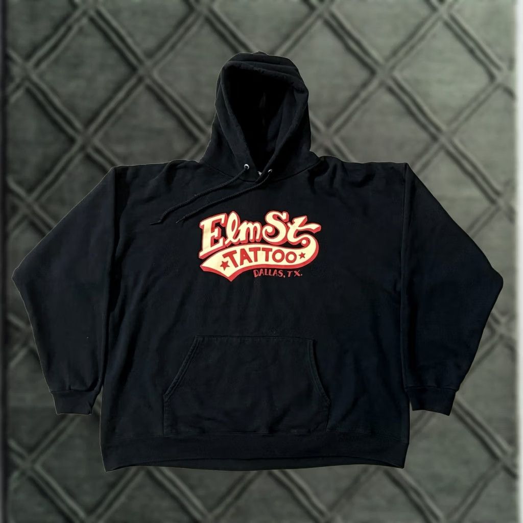 Hanes VINTAGE Elm Street Tattoo Hooded Sweatshirt XL Black Hanes Crew Neck Pockets Graphic Print 90s USA Dallas Texas Oliver Peck Mens Sweatshirt Size US XL / EU 56 / 4 - 1 Thumbnail