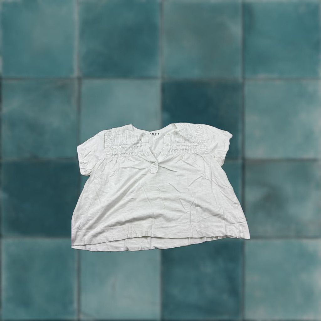 Loft LOFT Blouse Womens Large White Pintuck Henley Short Sleeve Peasant Top - 100% Cotton, Relaxed Fit Size L / US 10 / IT 46 - 1 Thumbnail