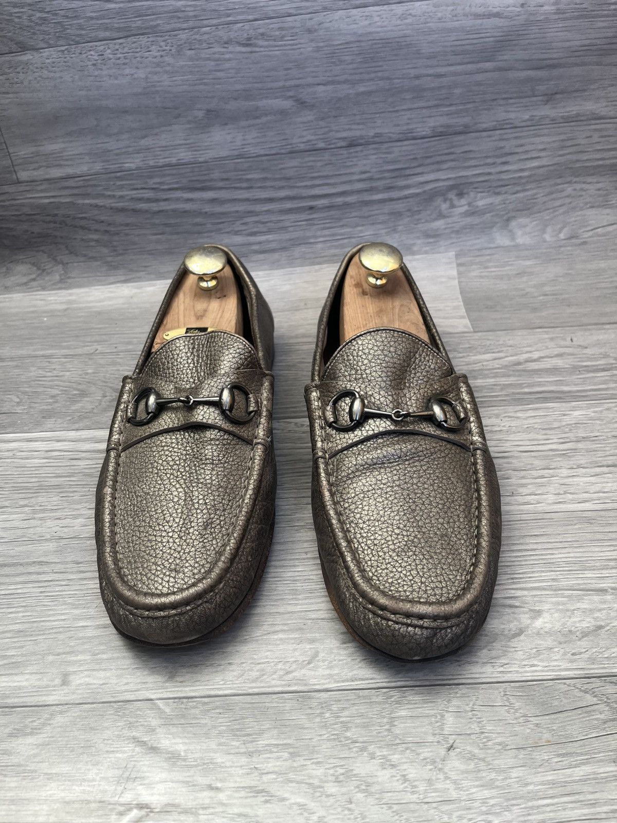 Gucci Gucci 1953 horsebit pebble grain metallic bronze loafers Size US 11 / EU 44 - 3 Thumbnail