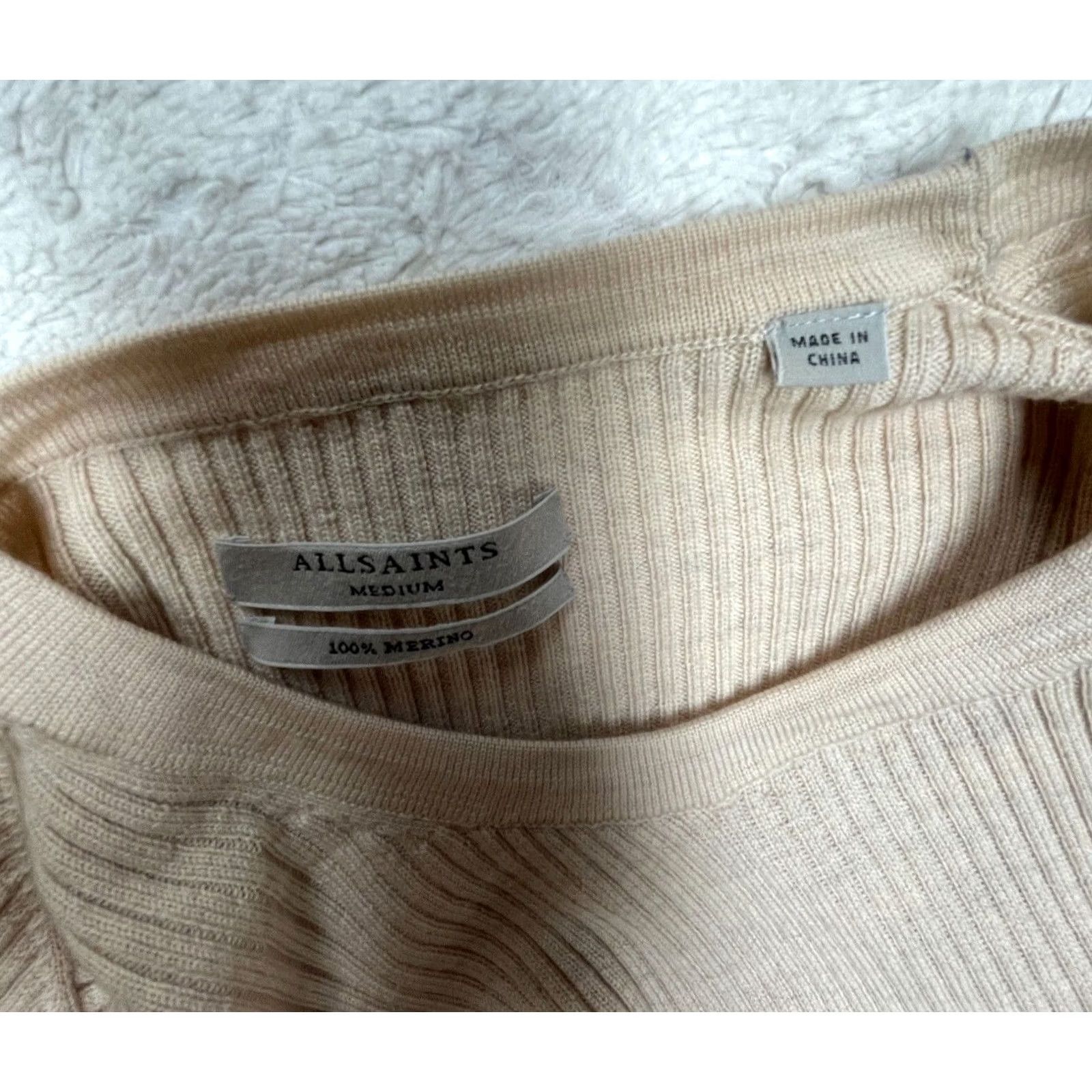 Allsaints Allsaints Keld Crew Neck Ribbed Merino Wool Asymmetric Sweater Tan Medium Women’s Knit Long Sleeve Slim Pullover Size M / US 6-8 / IT 42-44 - 3 Thumbnail