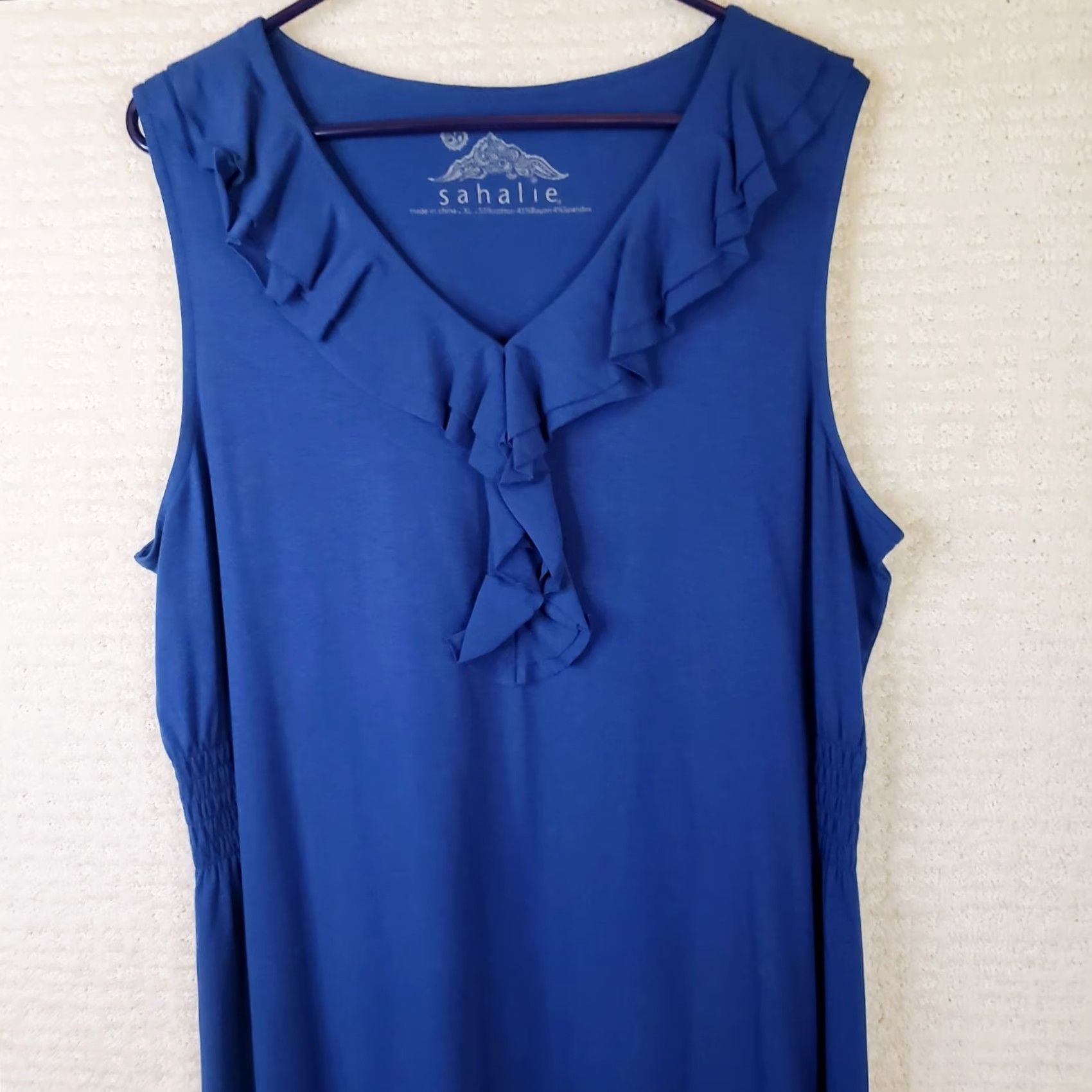 Vintage Sahalie Blue Midi Dress XL Cotton Modal Spandex Knit Sleeveless V-Neck Pullover Fit & Flare Women's Quick Rise to Travel, Workwear, Party/Cocktail Size XL / US 12-14 / IT 48-50 - 2 Thumbnail
