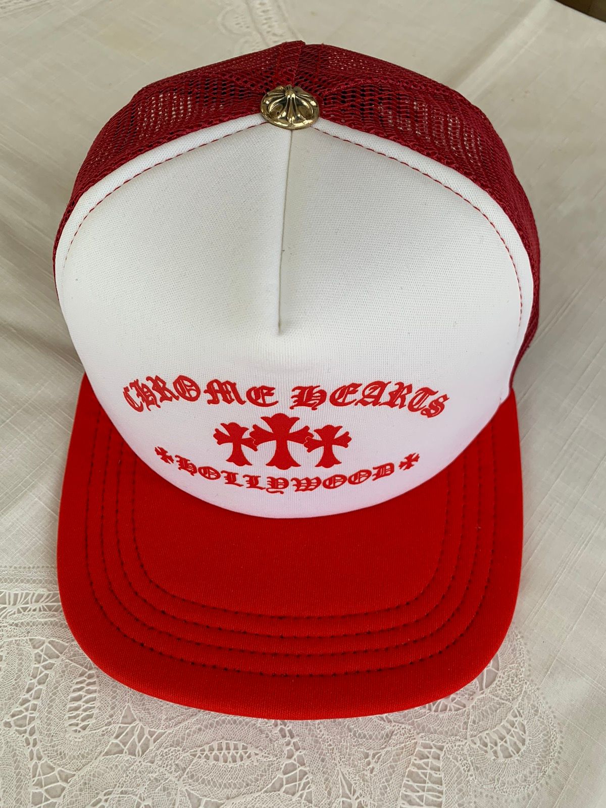 Pre-owned Chrome Hearts Eye Chart Trucker Hat In Red White