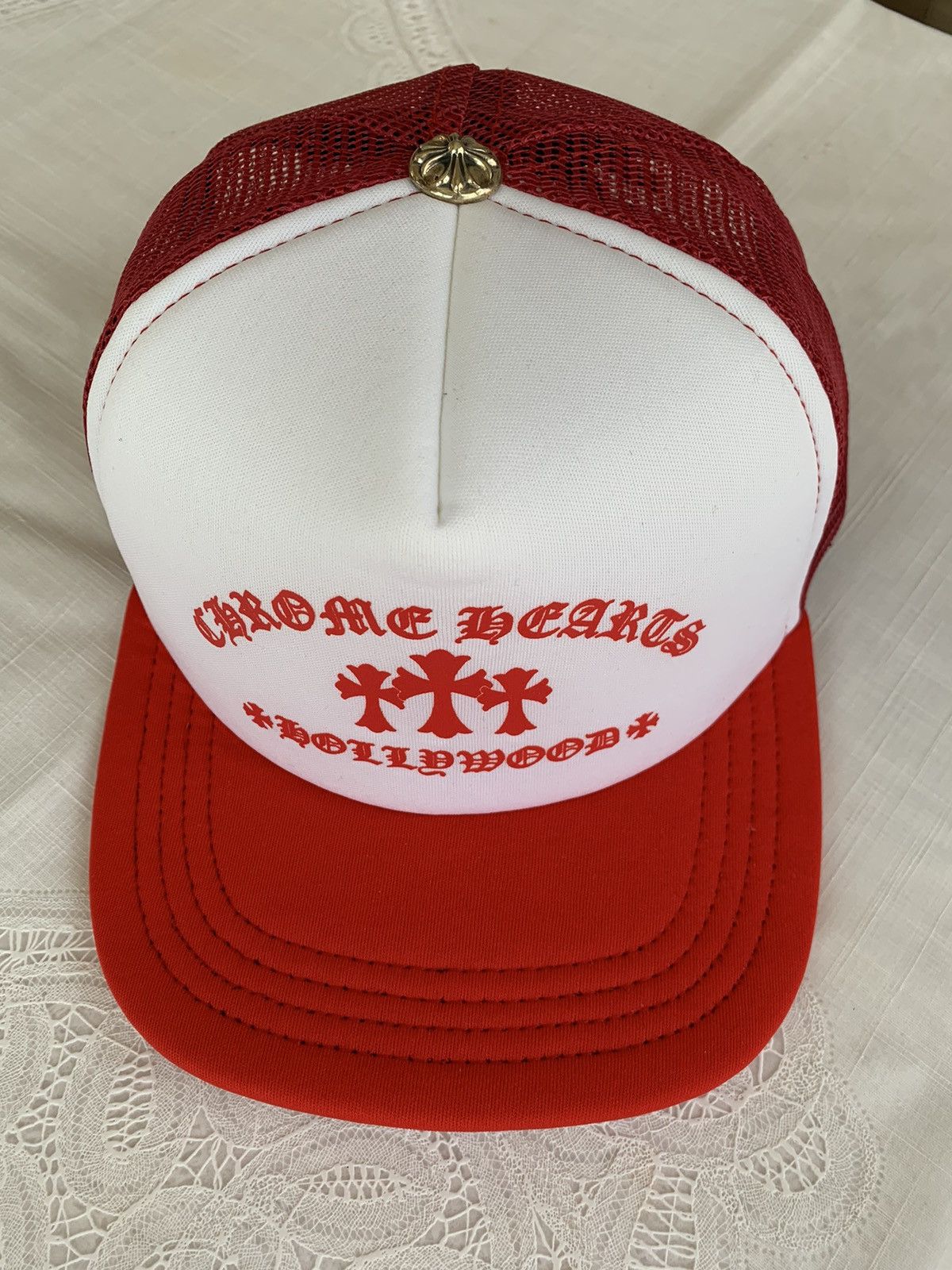 image of Chrome Hearts Chrome Heart Three Crosses Trucker Hat in Red White, Men's