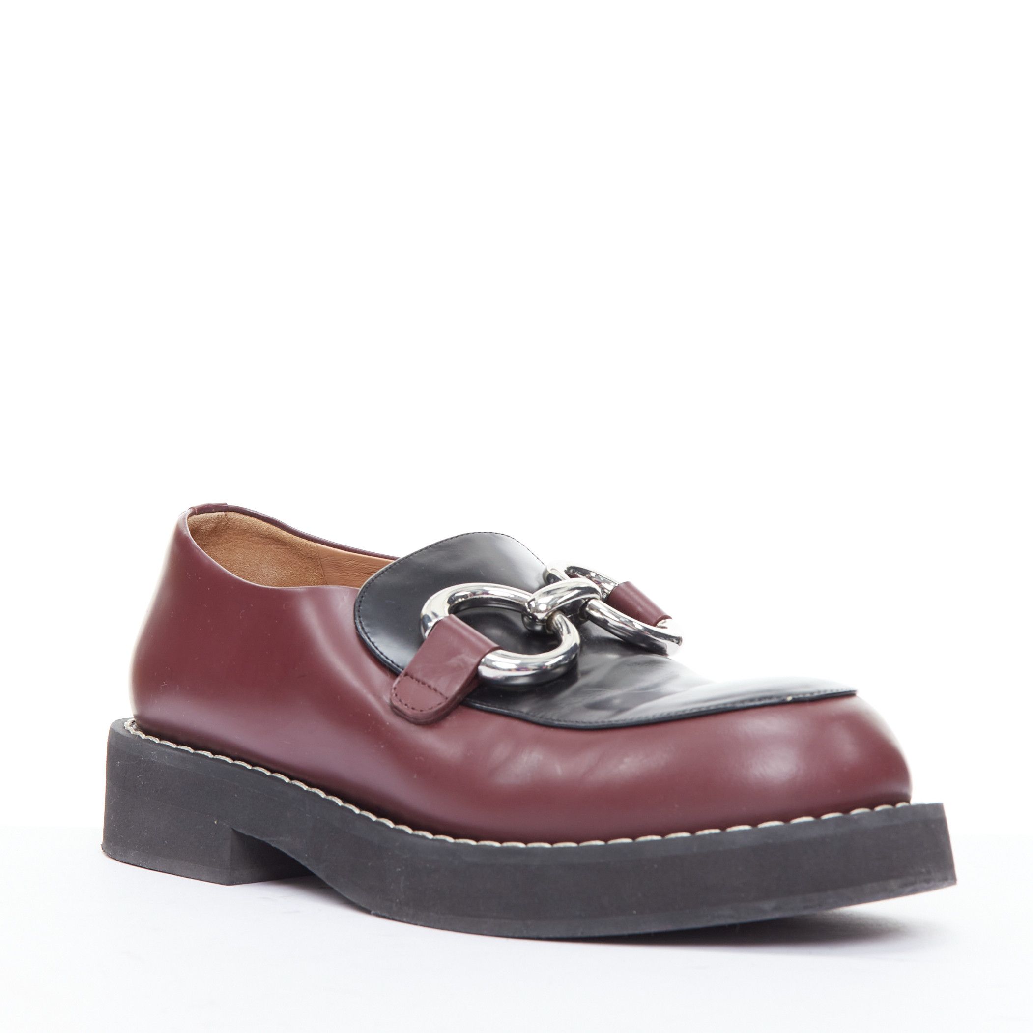 Marni MARNI burgundy black leather silver chunky buckle loafers EU39 Size US 9 / IT 39 - 1 Thumbnail