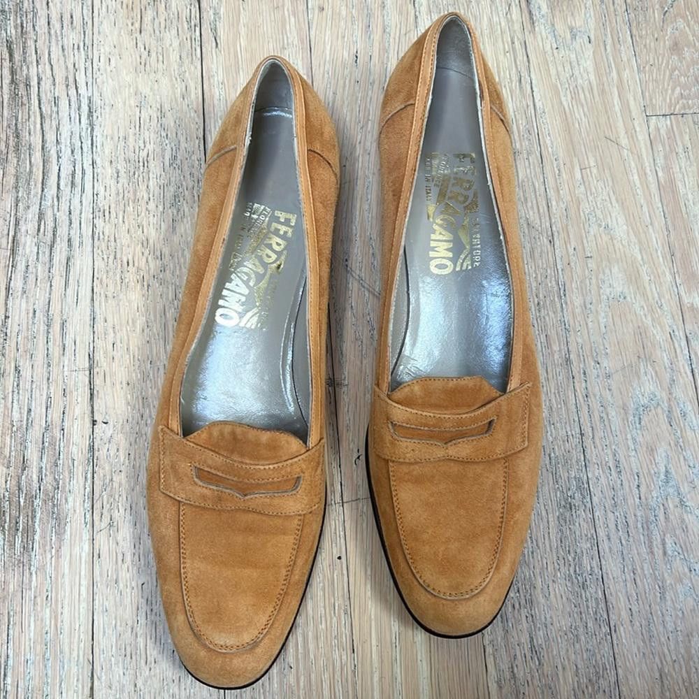 image of Vintage Salvatore Ferragamo Suede Tan Narrow Penny Loafers 9 in Orange, Women's