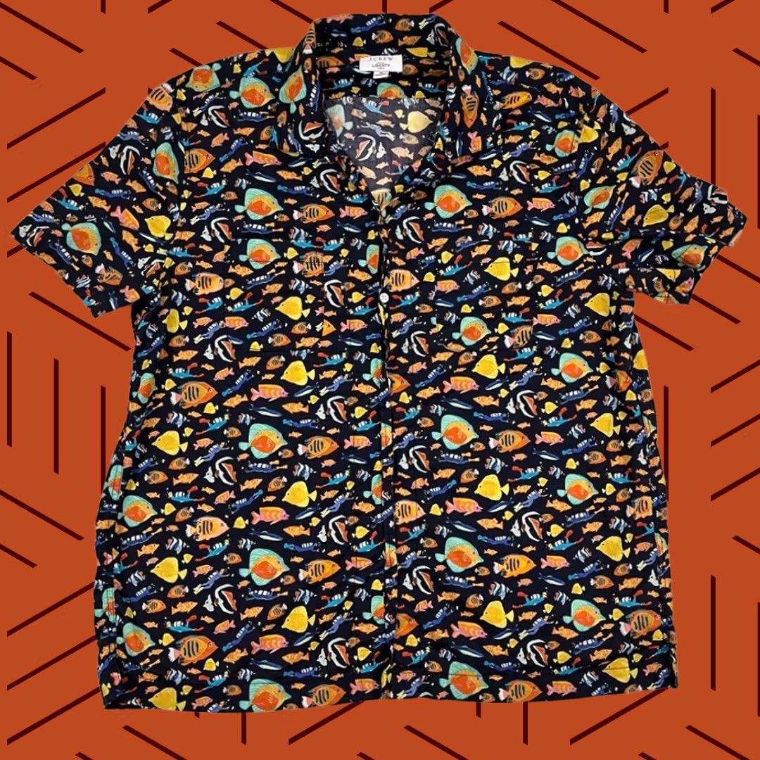 J.Crew VINTAGE J.CREW Liberty Shirt Men XL Blue Fish Hawaiian All Over AOP Print Button Up Prep Shirt Size US XL / EU 56 / 4 - 1 Thumbnail