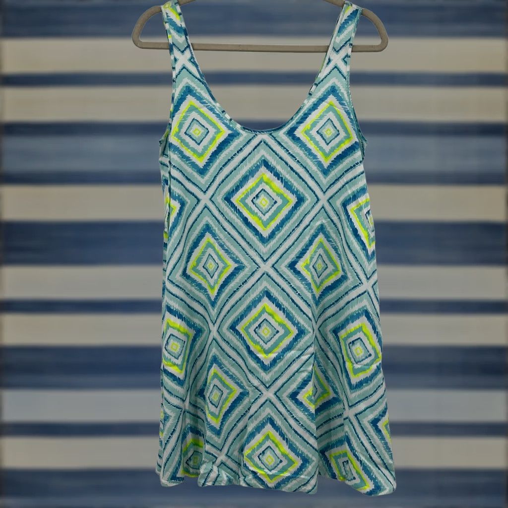 Southern Tide VINTAGE Southern Tide Teal Lime Geometric Diamond Ikat Rayon Mini Dress Small Beach Size S / US 4 / IT 40 - 1 Thumbnail