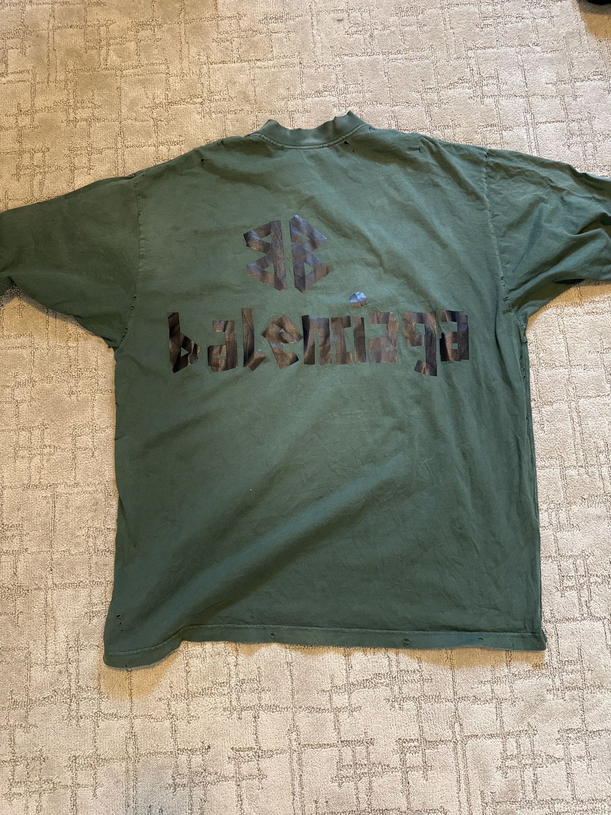 Balenciaga Dark Green Balenciaga Men's Distressed Tape Logo T-Shirt Size US XL / EU 56 / 4 - 5 Thumbnail