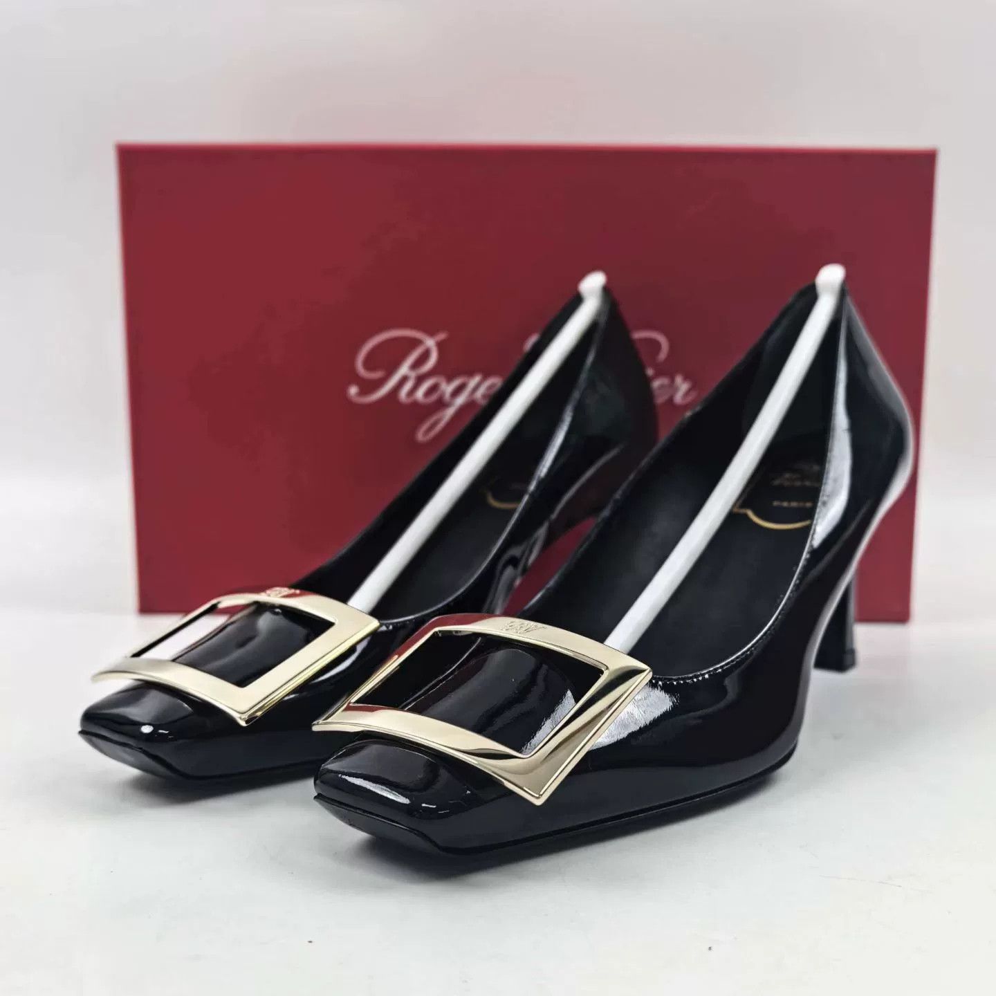 Roger Vivier RV Black Patent Leather Square Buckle Heels Size US 4.5 / IT 34.5 - 1 Thumbnail