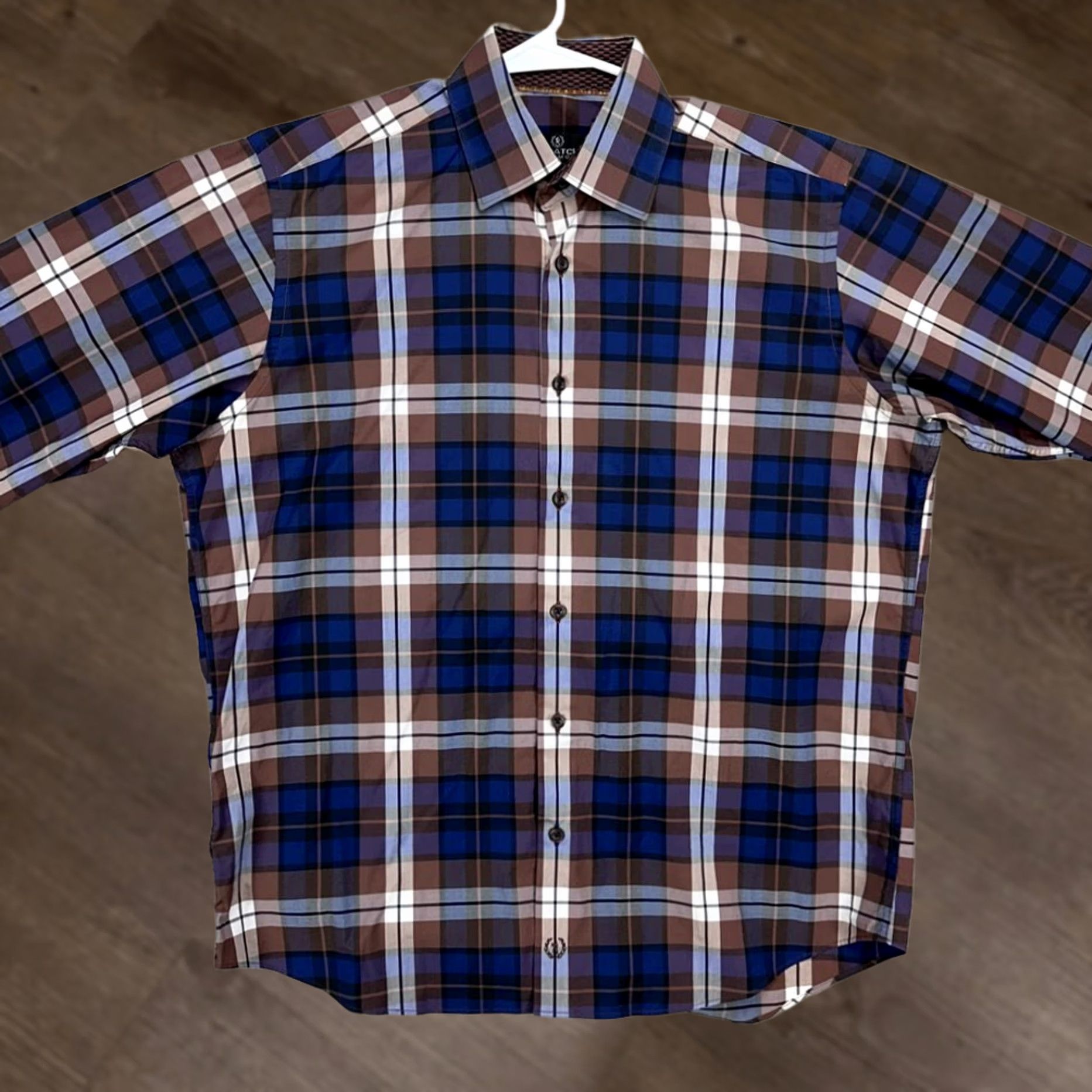 BUGATCHI Bugatchi Uomo Button-Up Shirt Adult Medium Navy Brown Plaid Long Sleeve Mens Size US M / EU 48-50 / 2 - 1 Thumbnail