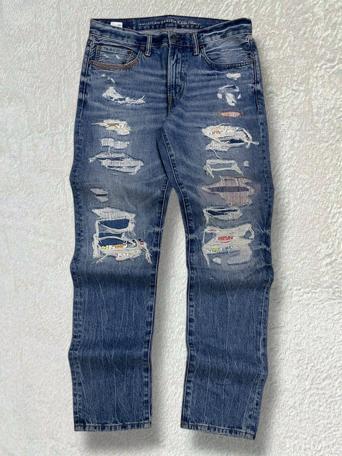 American Eagle Outfitters × Keith Haring × Vintage Designer American Eagle X Keith Hearing Patchwork Boro Denim Size US 32 / EU 48 - 1 Thumbnail