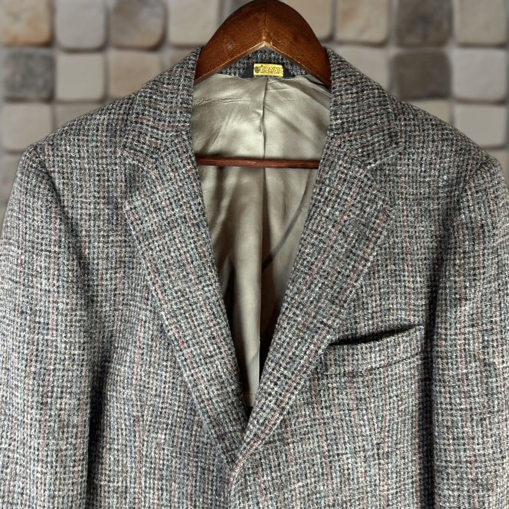 VINTAGE Brookleigh Mens 42L Gray Check Harris Tweed Wool Sport Coat 90s