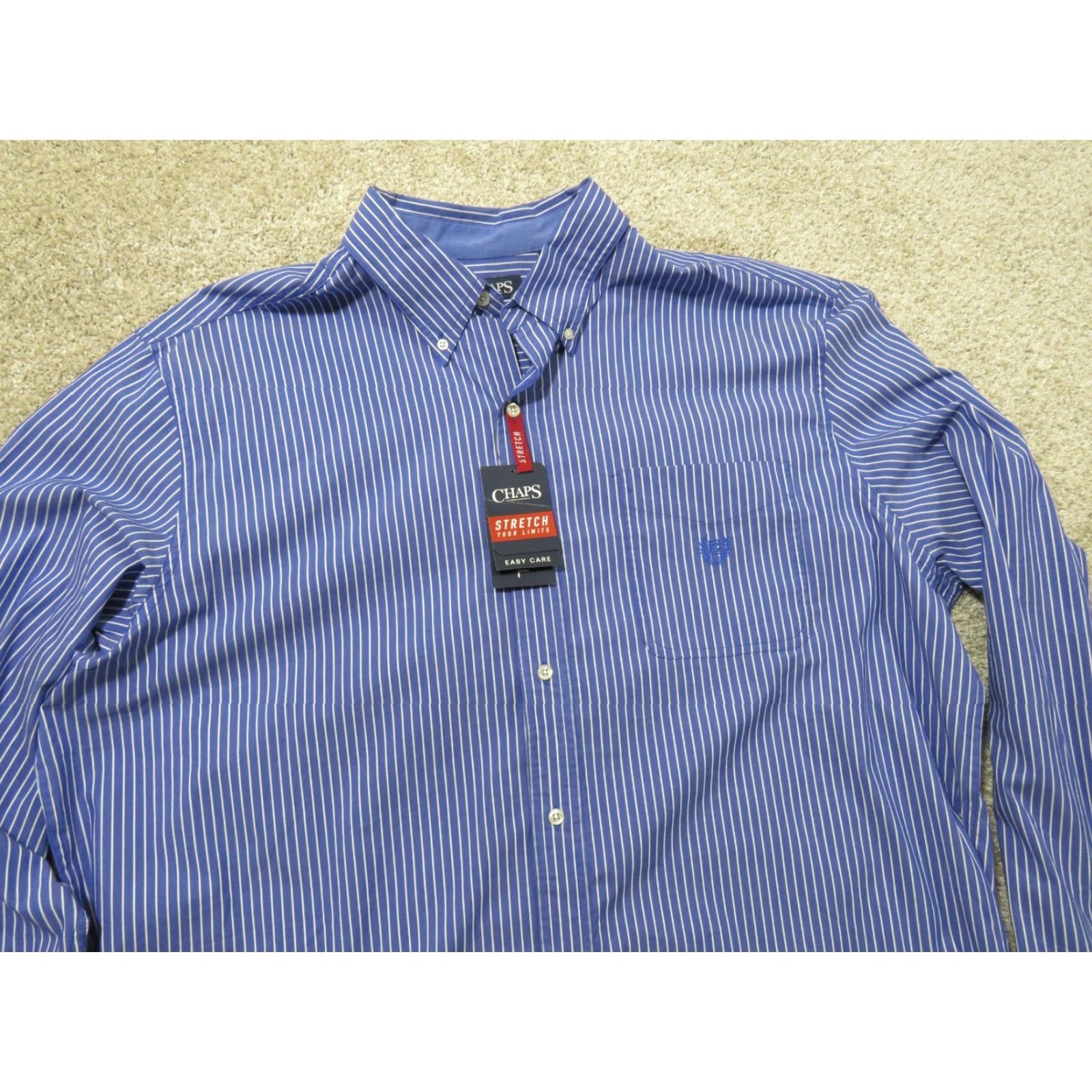 Chaps NWT Chaps Button-Down Shirt 2XLT Blue White Stripe Long Sleeve Cotton Woven Easy Care Embroidered Pocket Mens Size US XXL / EU 58 / 5 - 3 Thumbnail