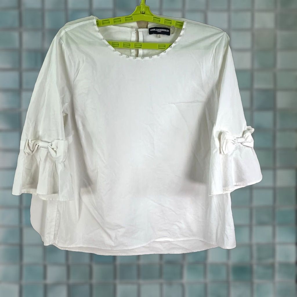 Karl Lagerfeld Karl Lagerfeld Women's White Pearl Beaded Tunic Blouse XL 3/4 Bell Sleeve Stretch Classic Paris Designer Size XL / US 12-14 / IT 48-50 - 1 Thumbnail