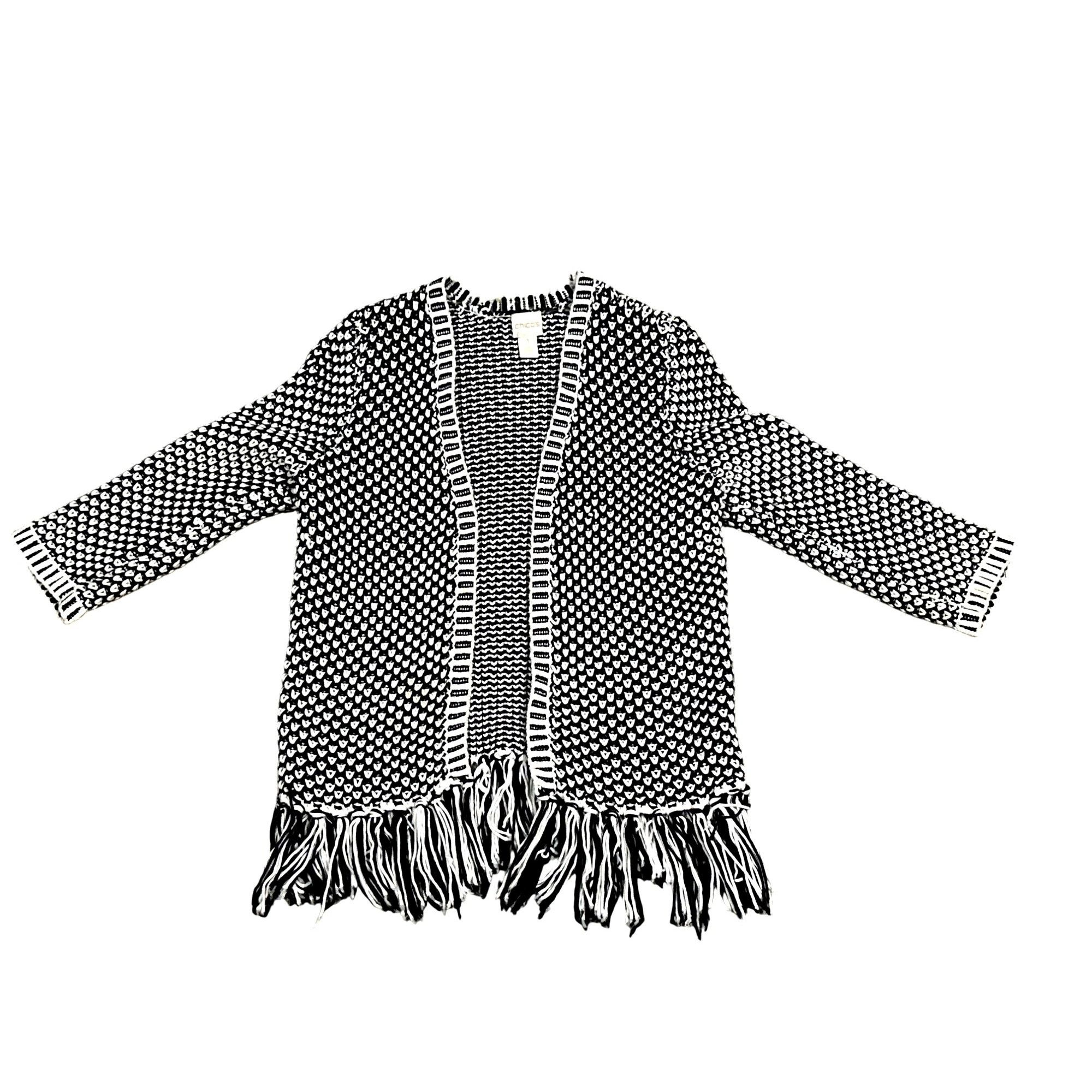 Chicos Chicos Black White Fringed Open Front Knit Cardigan Sweater Size M / US 6-8 / IT 42-44 - 11 Thumbnail