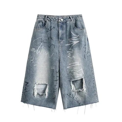 Japanese Brand × Jean Punk distressed washed raw edge graffiti ripped denim shorts Size US 32 / EU 48 - 1 Thumbnail