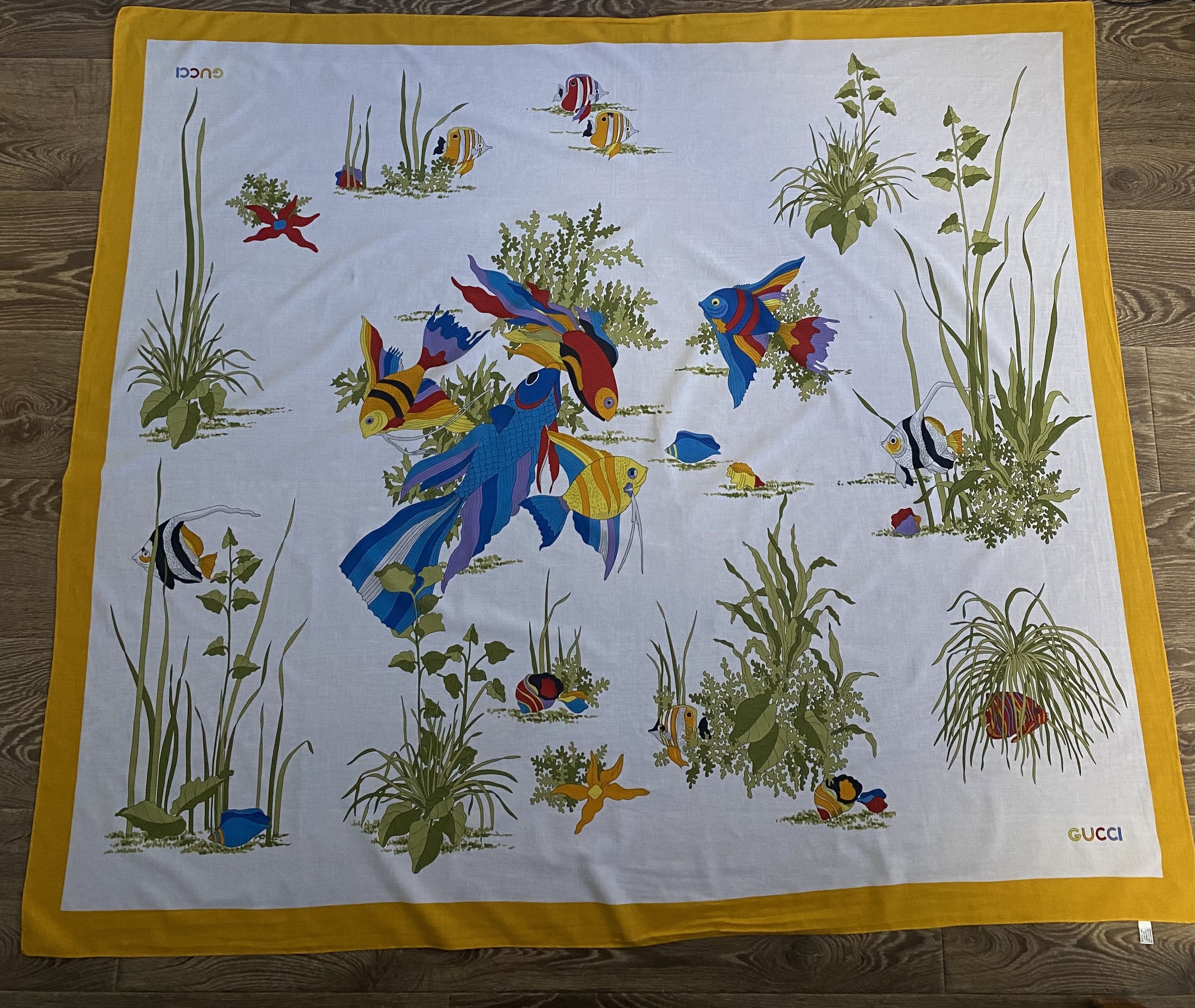 image of Vintage Gucci Fishes Large Cotton Multicolour Scarf in White, Men's