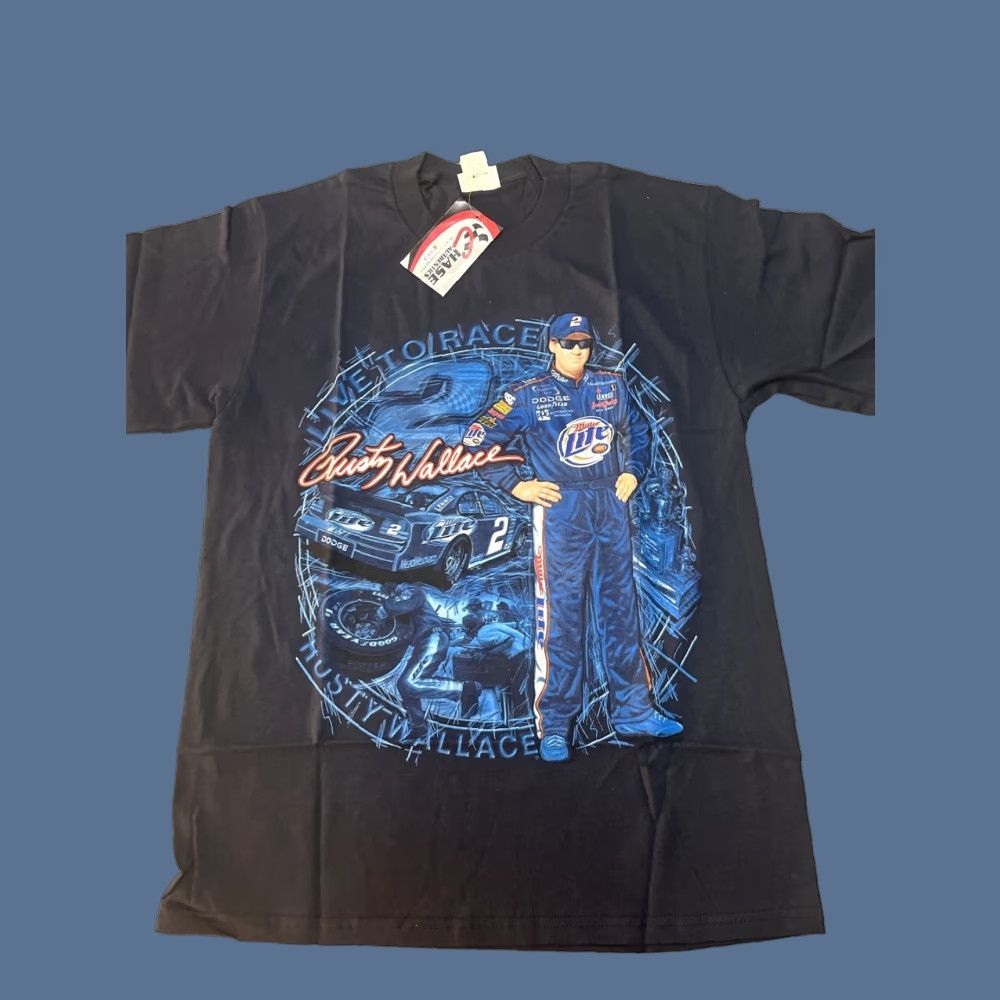Chase Authentics VTG 1990s Nascar Rusty Wallace T Shirt Size M Blue Cotton Solid Short Sleeve Crew Neck Miller Lite #2 Double-Sided Racing Live to Race Mens Size US M / EU 48-50 / 2 - 1 Thumbnail