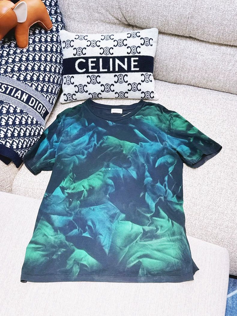 Saint Laurent Paris Saint Laurent Paris Green smudged T-shirt with round neck a Size US S / EU 44-46 / 1 - 1 Thumbnail