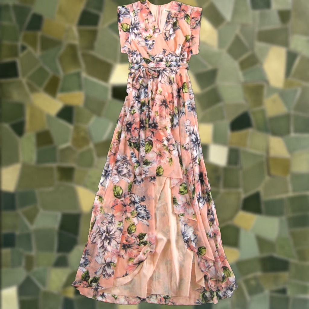 Vintage Eliza J Pink Green White Floral Cap Sleeve V-Neck High Low Maxi Dress Size 0 Size XS / US 0-2 / IT 36-38 - 1 Thumbnail