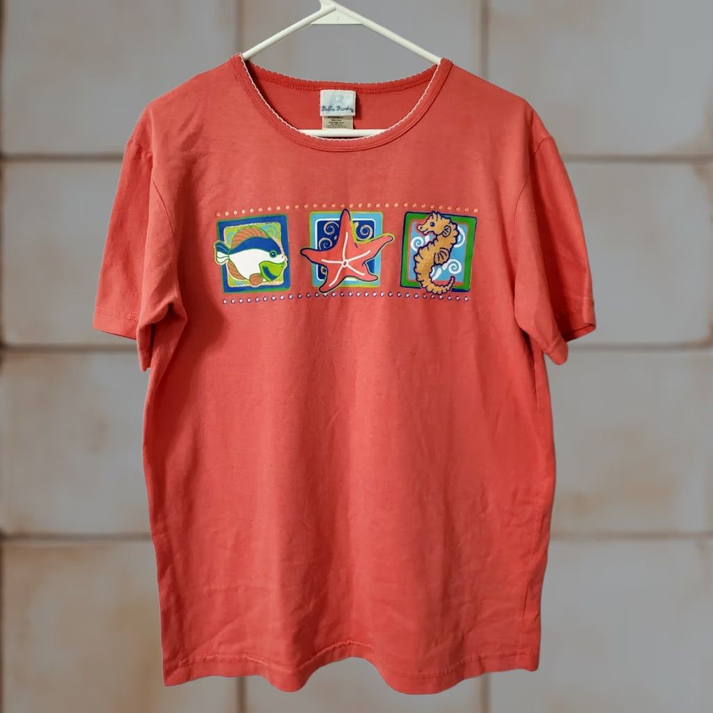 Vintage VINTAGE Bobbie Brooks Shirt Women's Orange Short Sleeve Round Neck Casual 90s Beach Marine Graphic Print Basic Knit Cotton-Polyester BB556 Size S / US 4 / IT 40 - 1 Thumbnail