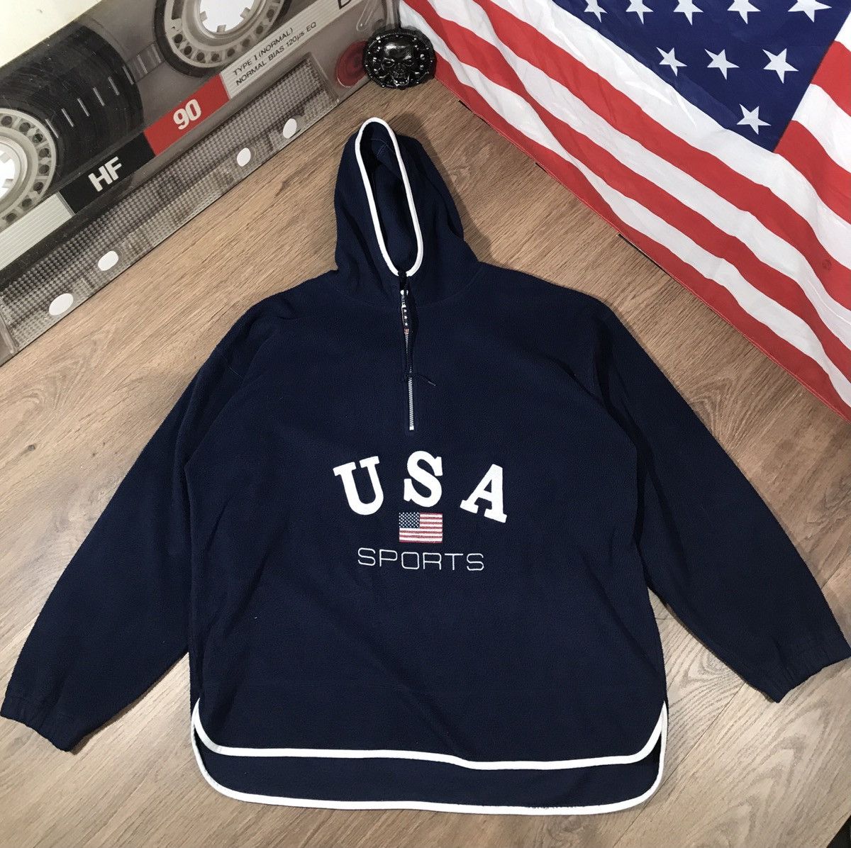 Vintage Vintage 90s USA Sports 1/4 Zip Hoodie Fleece Jacket Size US XXL / EU 58 / 5 - 1 Thumbnail