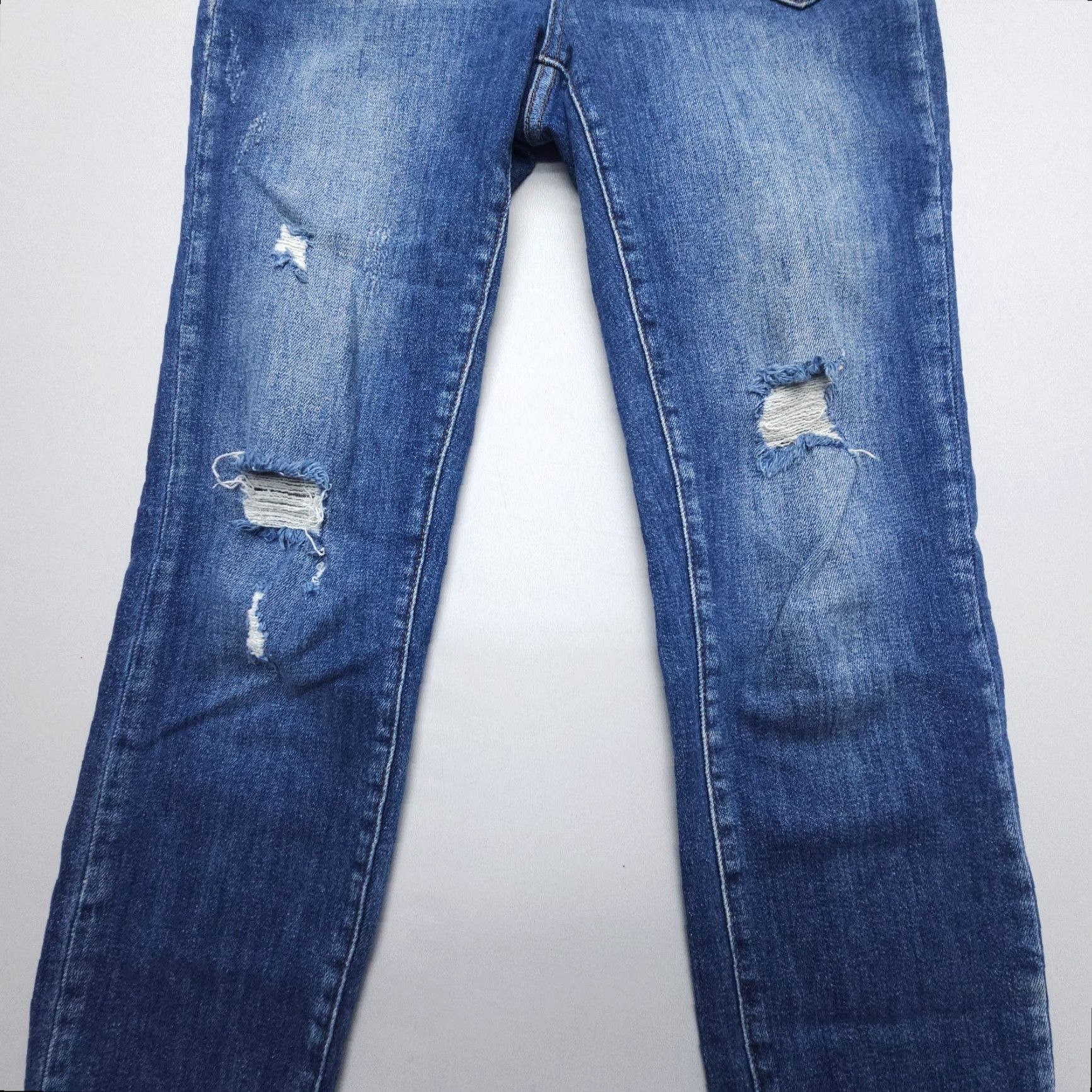 Vintage Risen Jeans Womens 28 High Rise Button Fly Distressed Straight Dark Wash Denim Blue 5-Pocket Stretch Size 28" / US 6 / IT 42 - 4 Thumbnail