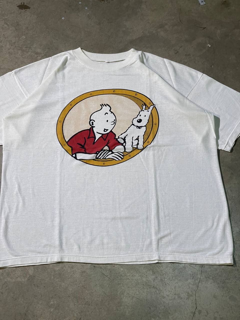 Vintage 90s Vintage "Tintin & Milu" Cream Single Stitch Tshirt Size US L / EU 52-54 / 3 - 5 Thumbnail