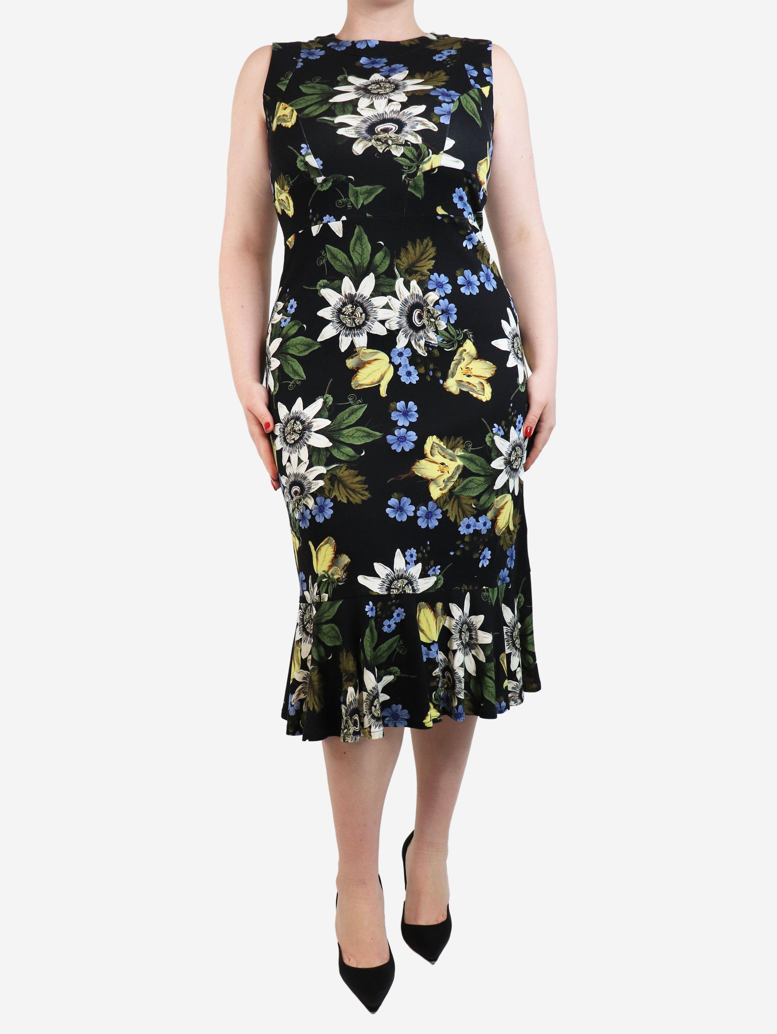 Black sleeveless floral printed midi dress - size UK 14