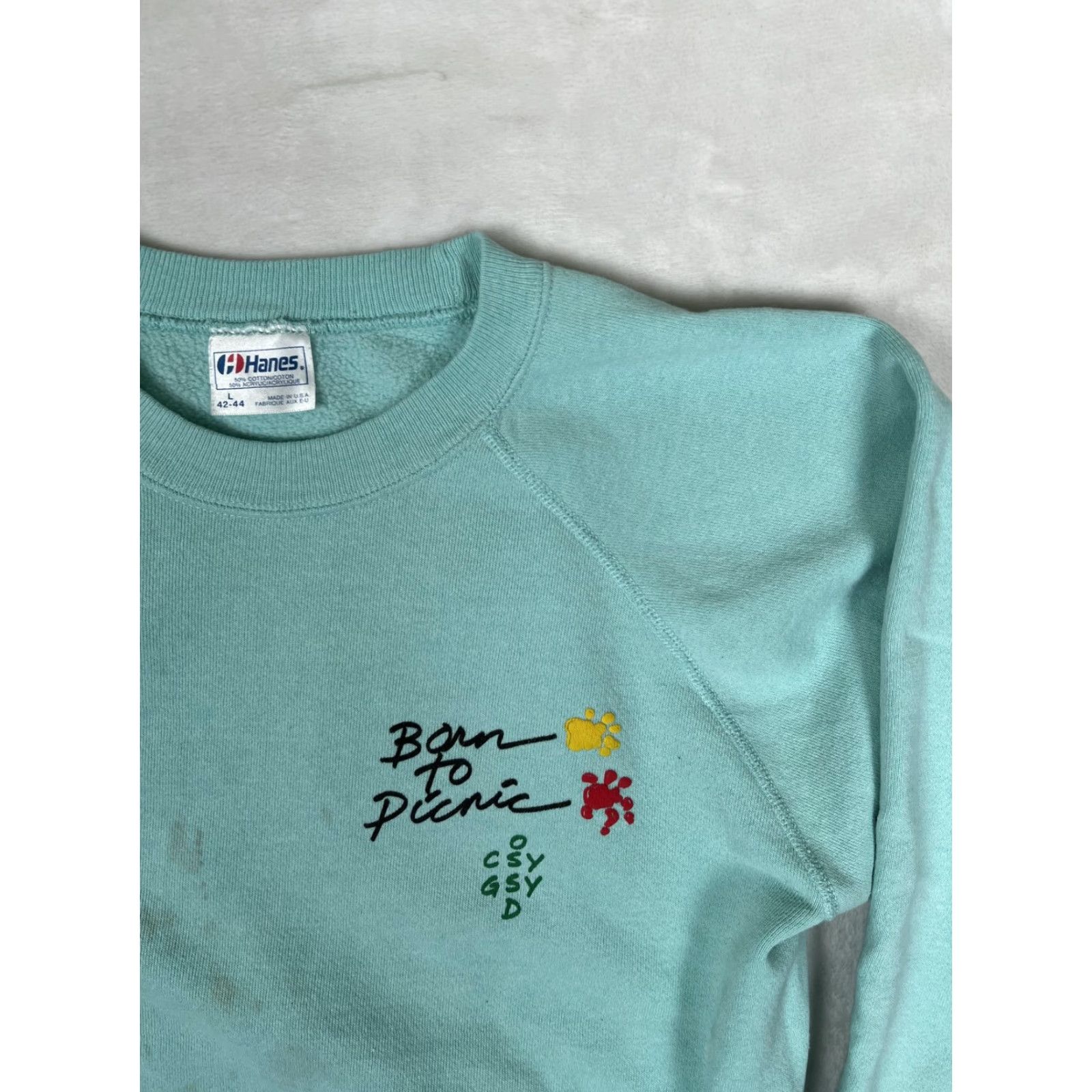 Hanes VINTAGE Hecker Pass Summer Sweatshirt Mens M/L Green Born To Picnic Fleece 1991 Size US M / EU 48-50 / 2 - 3 Thumbnail