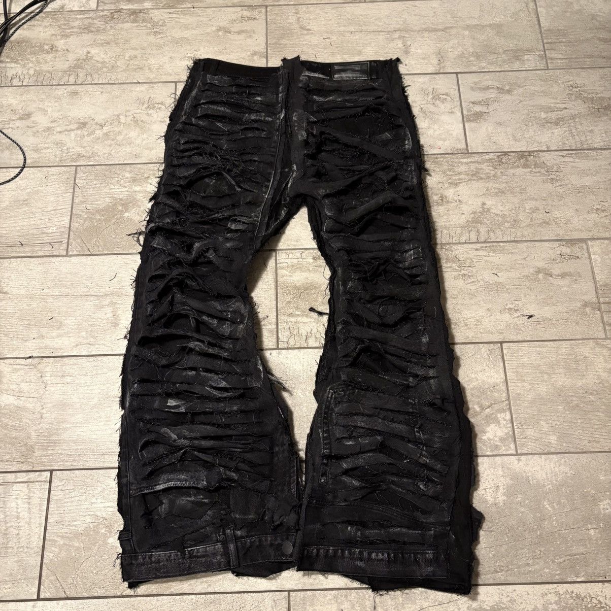Japanese Brand distressed Black flare Jeans – Handmade Streetwear Pants Size US 36 / EU 52 - 3 Thumbnail