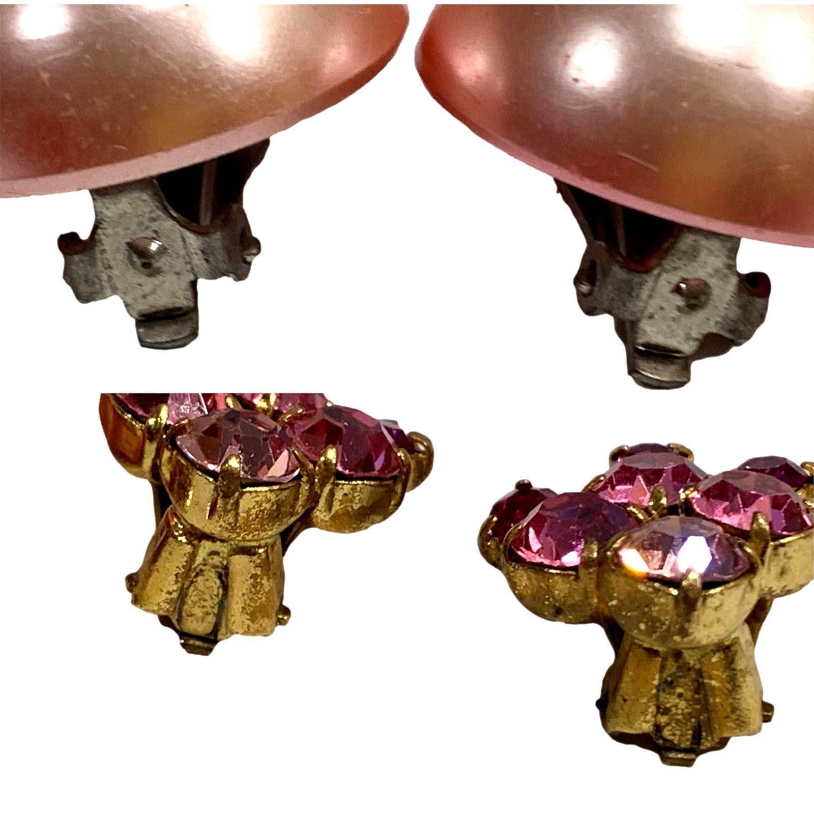 Vintage 2 Pair Pink 50s Earrings Austria Rhinestone Japan Dome Size ONE SIZE - 7 Thumbnail