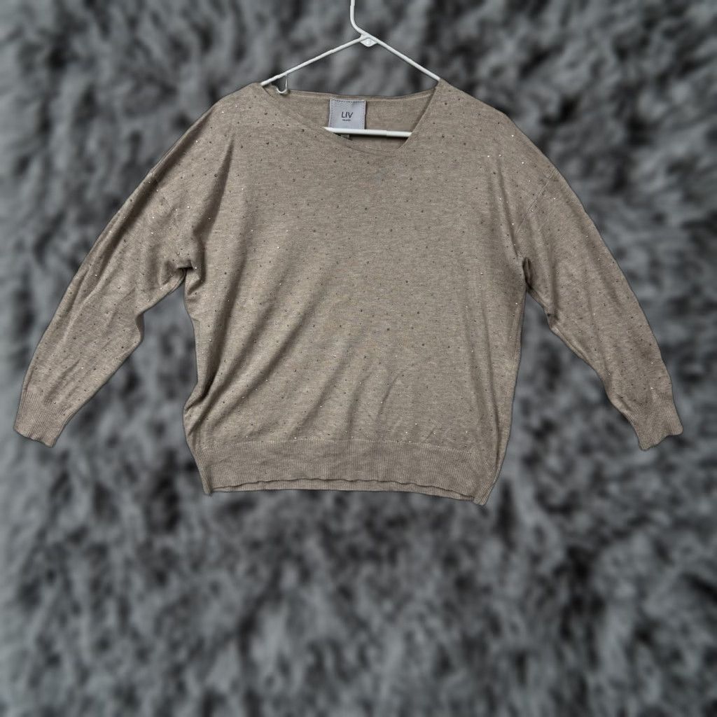 Vintage Liv MIlano Sweater Large Rhinestones Soft Glam Office Party Work To Evening Long Sleeve V-Neck Knit Pullover Women Beige Casual Womens - Size L / US 10 / IT 46 - 1 Thumbnail