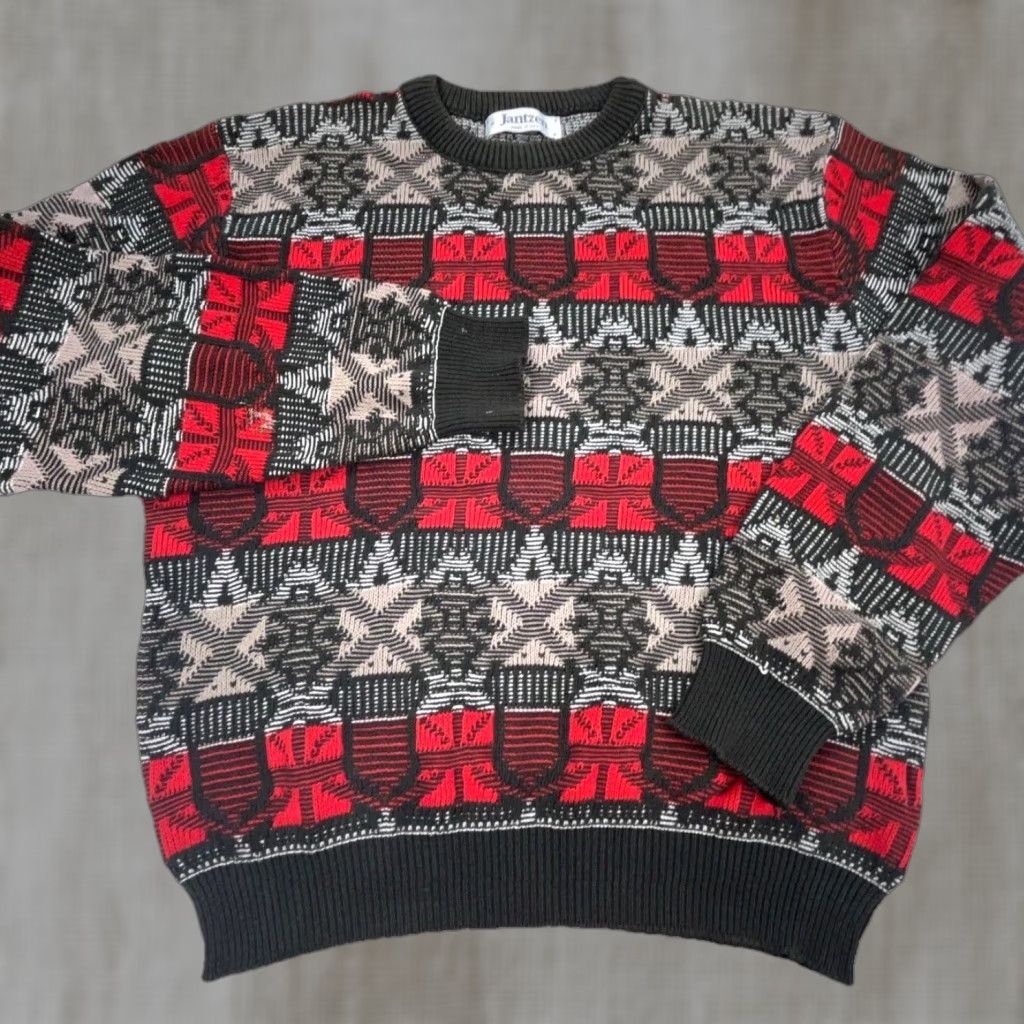 Jantzen VINTAGE Jantzen Sweater Men M Red Gray Heavy Knit Grandpa Nordic Cosby 90s Geometric Knit Style Pullover Crew Neck Wool? Size US M / EU 48-50 / 2 - 1 Thumbnail