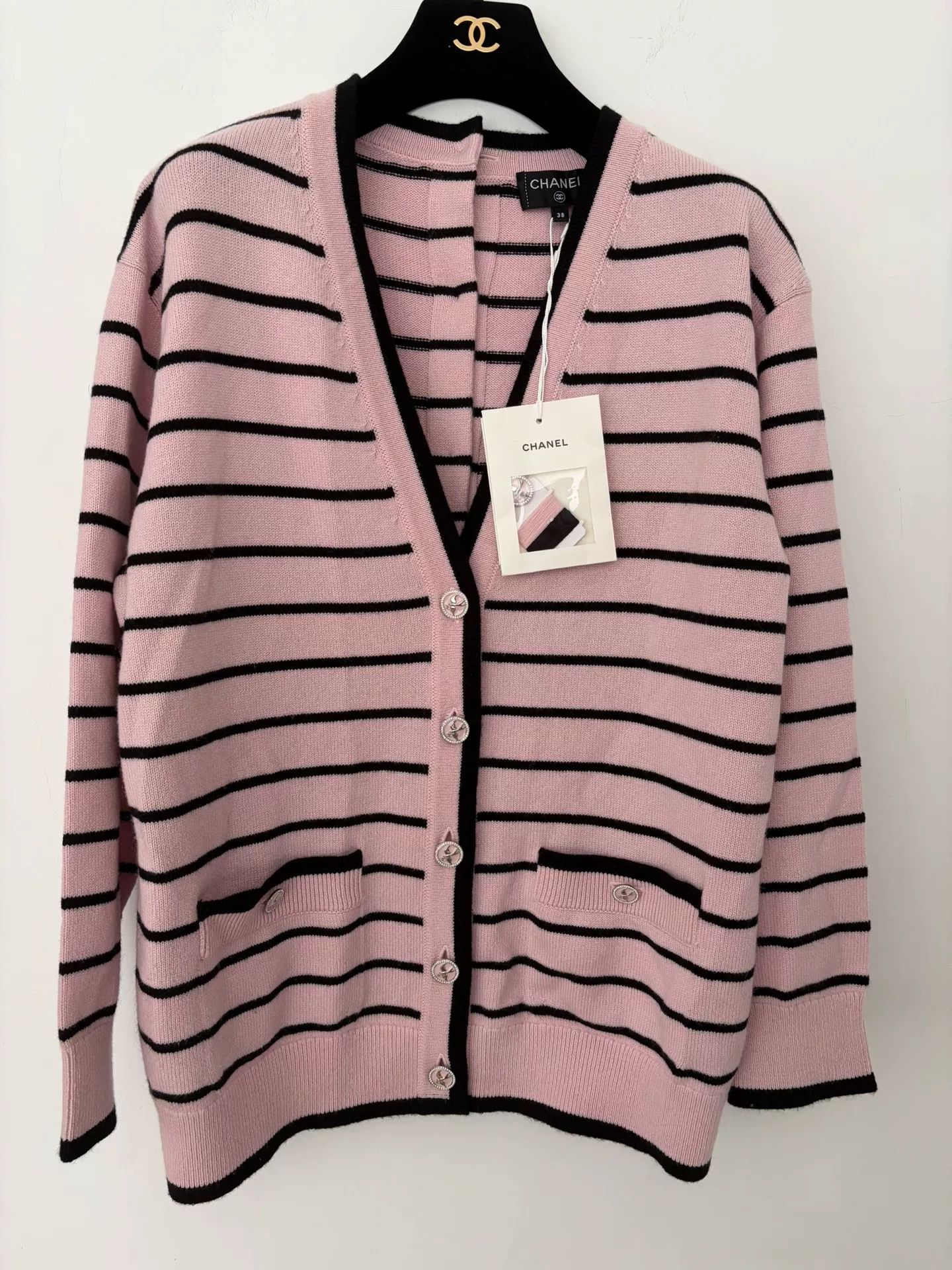 Chanel Chanel Pink Black Stripe Button Cardigan Size US M / EU 48-50 / 2 - 1 Thumbnail