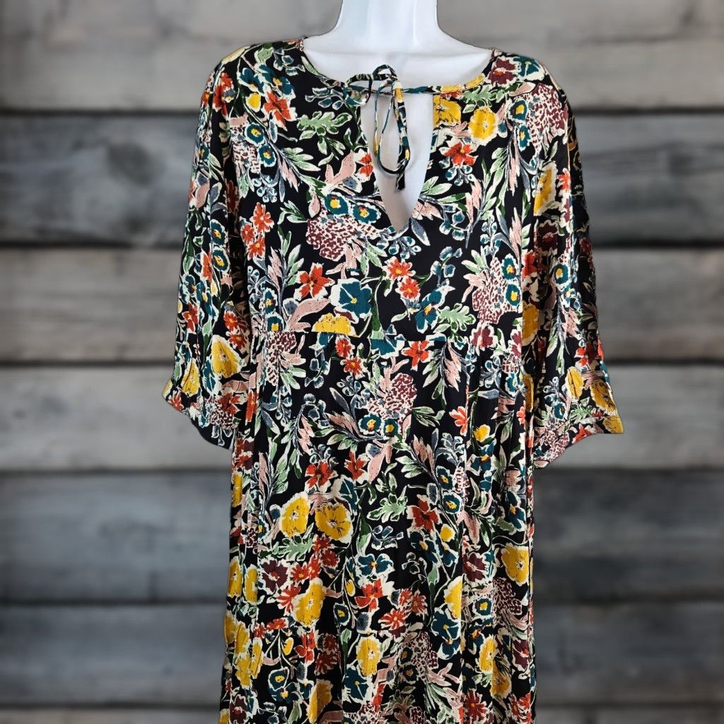 Natural Life Womens Maxi Dress Size Medium Black Floral 3/4 Sleeve Rayon Long Summer Spring Womens