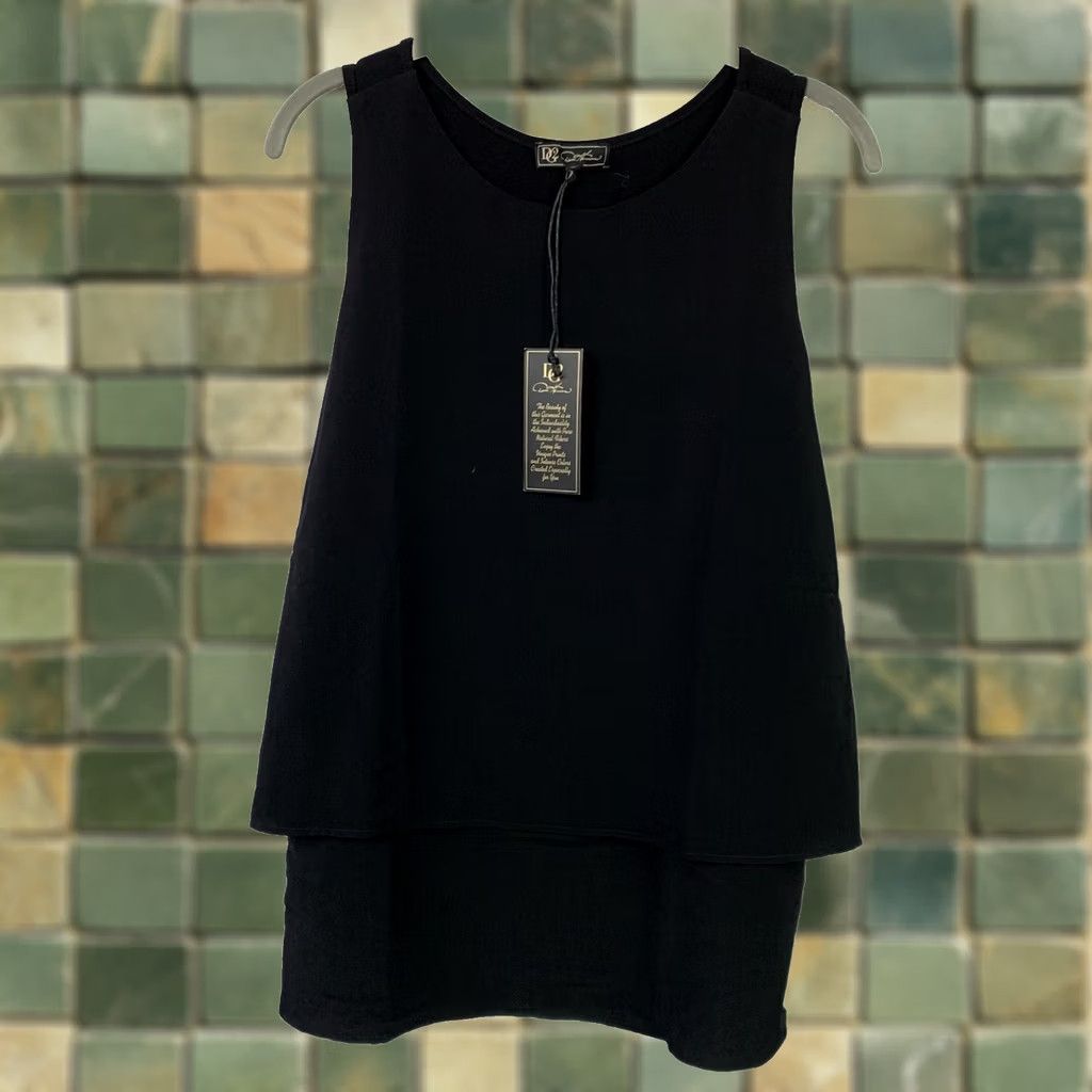 Vintage Diane Gilman Black Tank Top XS NWT Mixed Media Tiered Tank Top Womens Barrel Chest 15.5" Rounded Neck Sleeveless Casual Basic Breathable Stretch Shirt Size XS / US 0-2 / IT 36-38 - 1 Thumbnail