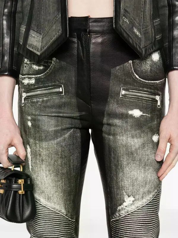 Balmain o1s1wg111225 Denim-Print Leather Trousers in Black Size 28" / US 6 / IT 42 - 4 Thumbnail