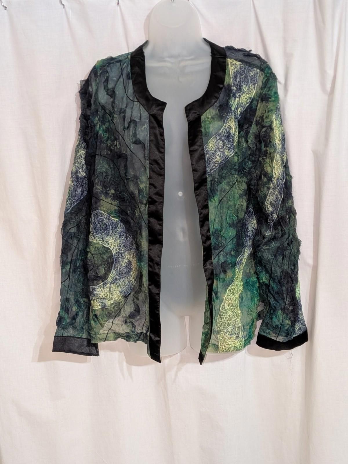 Designer Indigo Moon Silk Sheer Textured Embroidered Tie Dye Jacket Size L / US 10 / IT 46 - 1 Thumbnail