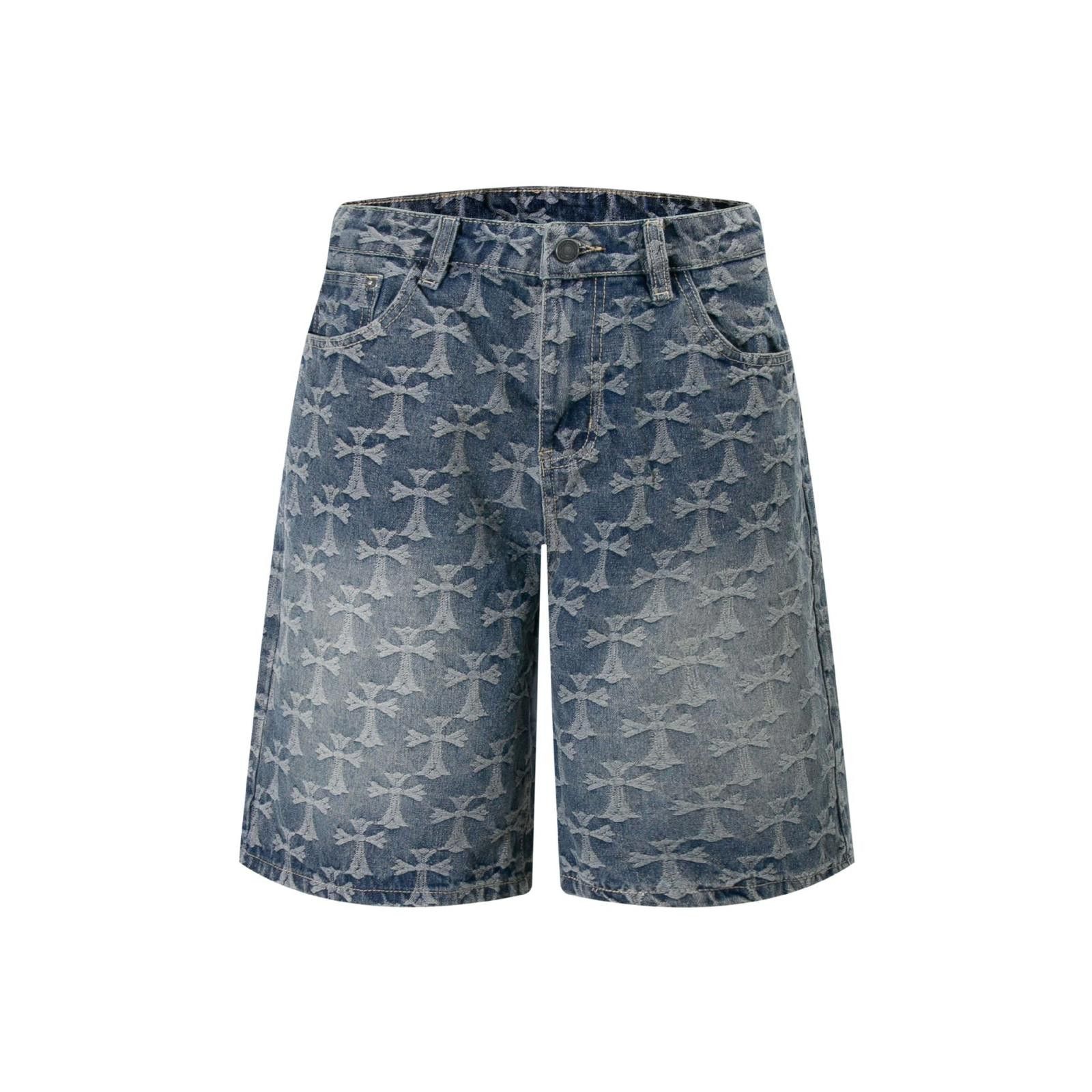 Blue Cross Patterned Denim Shorts, Relaxed Fit Men's Shorts