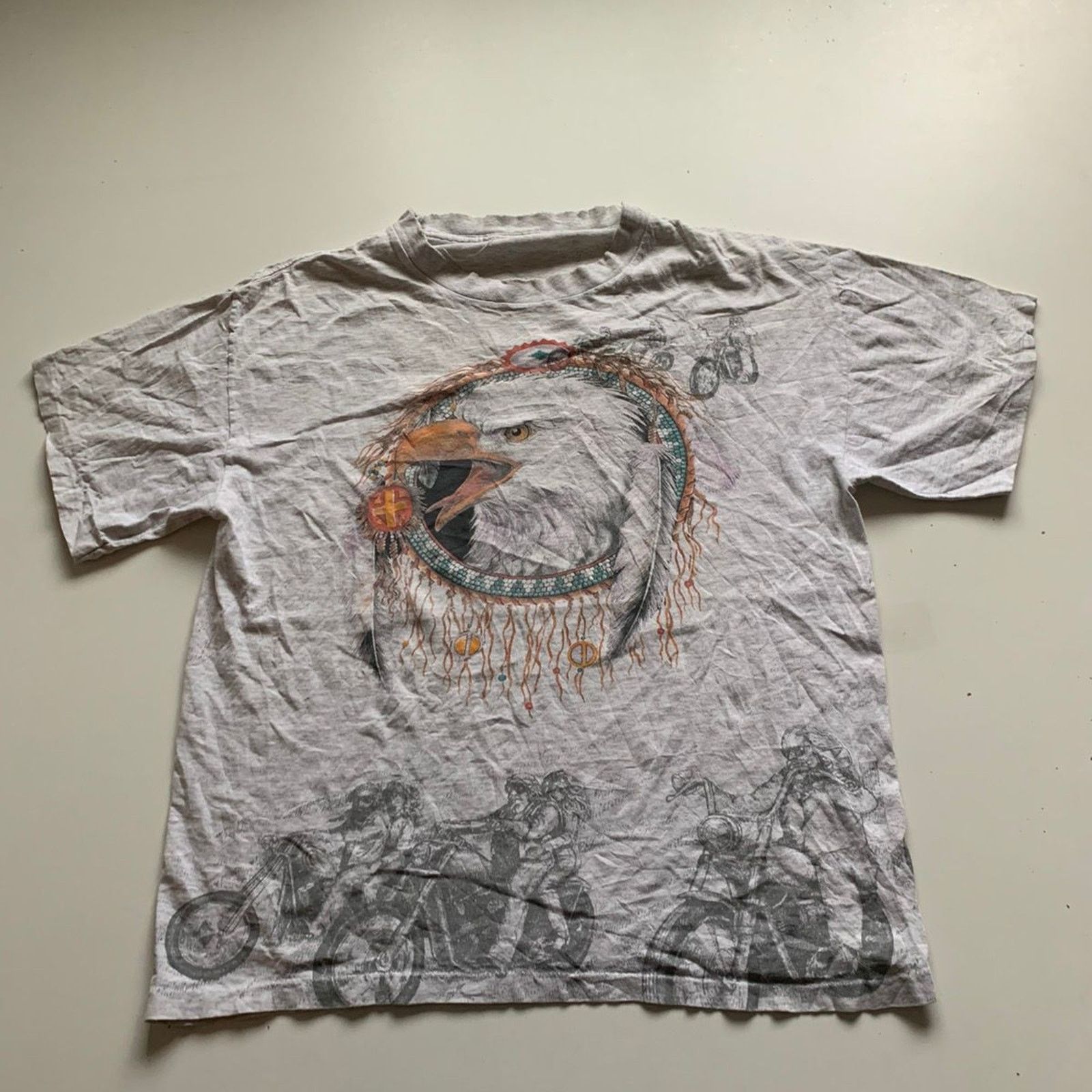Vintage 90s Native Eagle Biker AOP Art T Shirt Large Rare