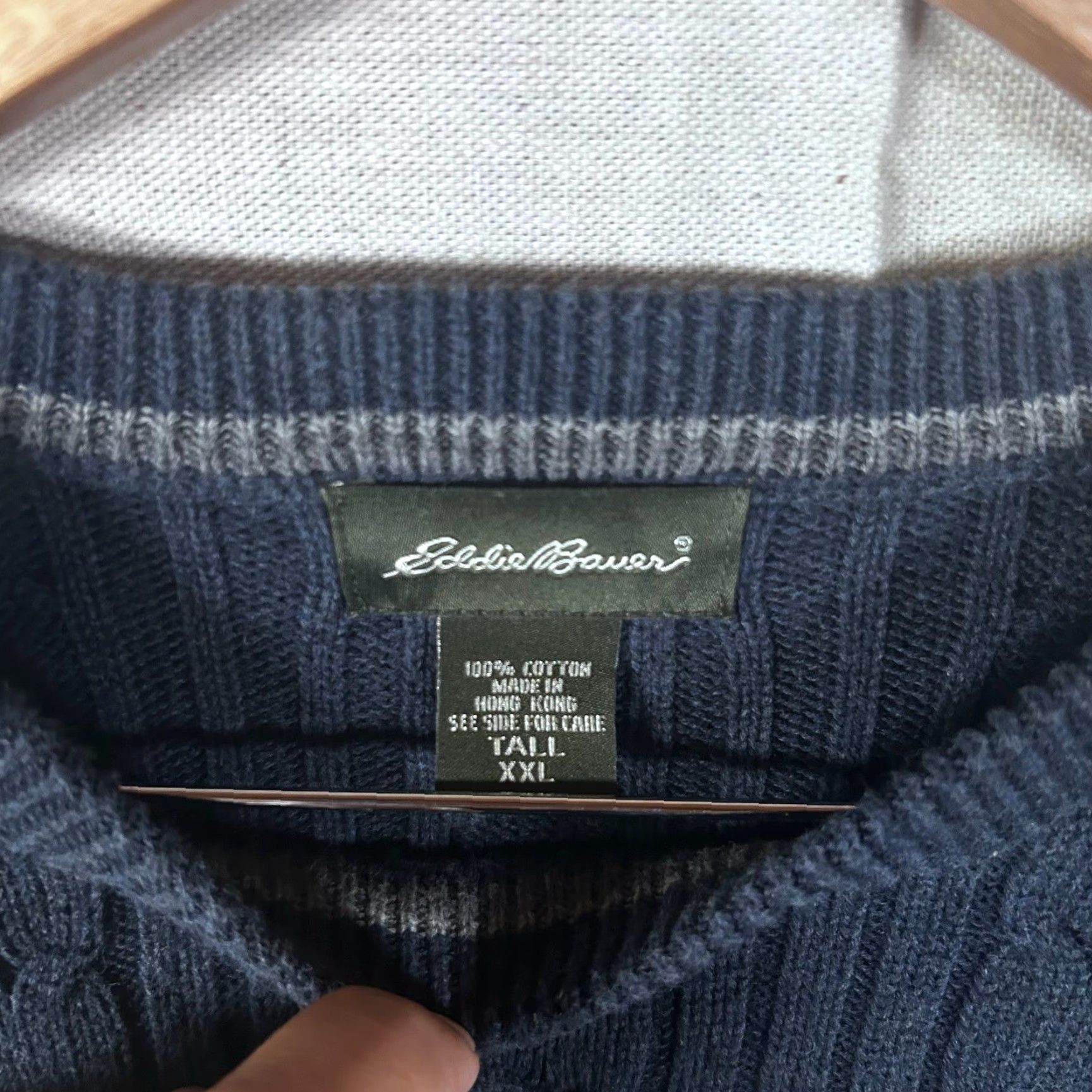 Eddie Bauer Eddie Bauer Mens 2XLT Tall Navy Blue Cable Knit 100% Cotton Crewneck Sweater Size US XXL / EU 58 / 5 - 2 Thumbnail