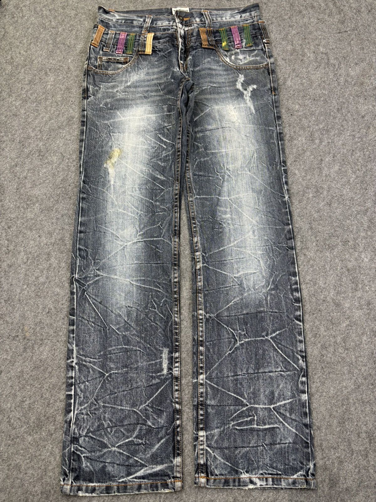 Japanese Brand 🔥DOUBLE WAIST🔥NYLAUS JEANS Thunder Fades Punk Denim F894 Size US 31 - 16 Thumbnail
