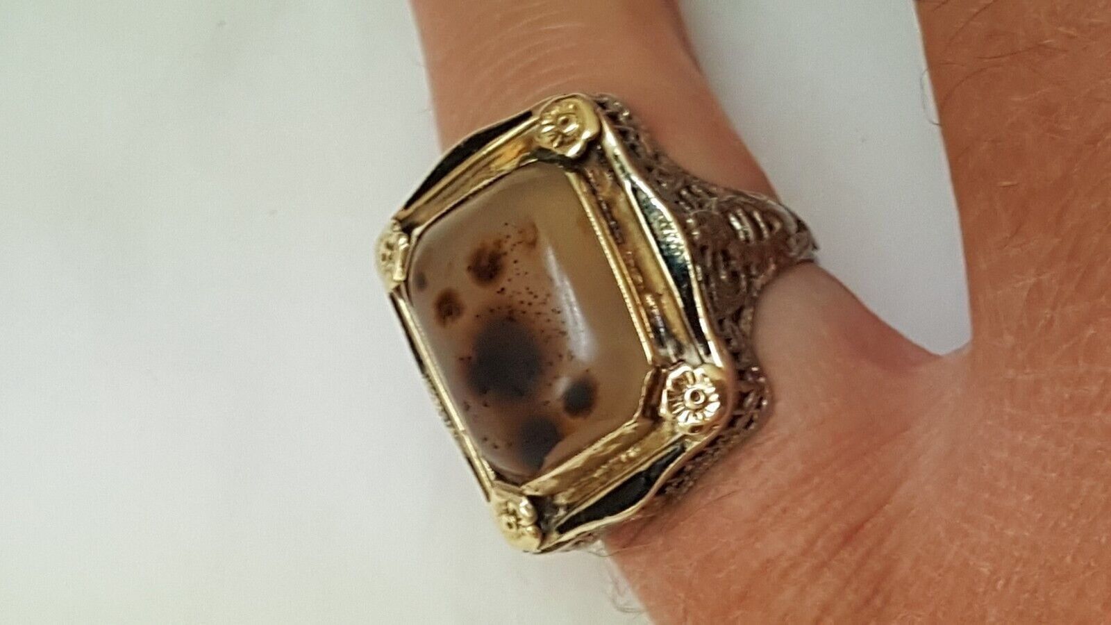 Other Antique 10ct Agate 14K 2-Tone Gold Enamel Filigree Ring Size ONE SIZE - 2 Thumbnail